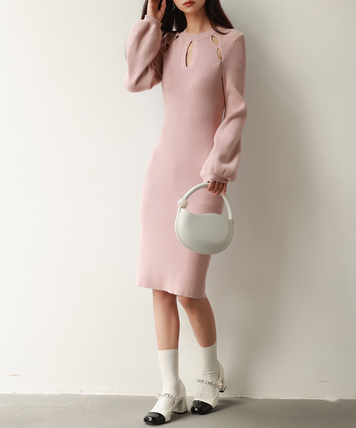 カットワーク膝丈リブ編みニットワンピースsdpxyf6506 ピンク – [公式