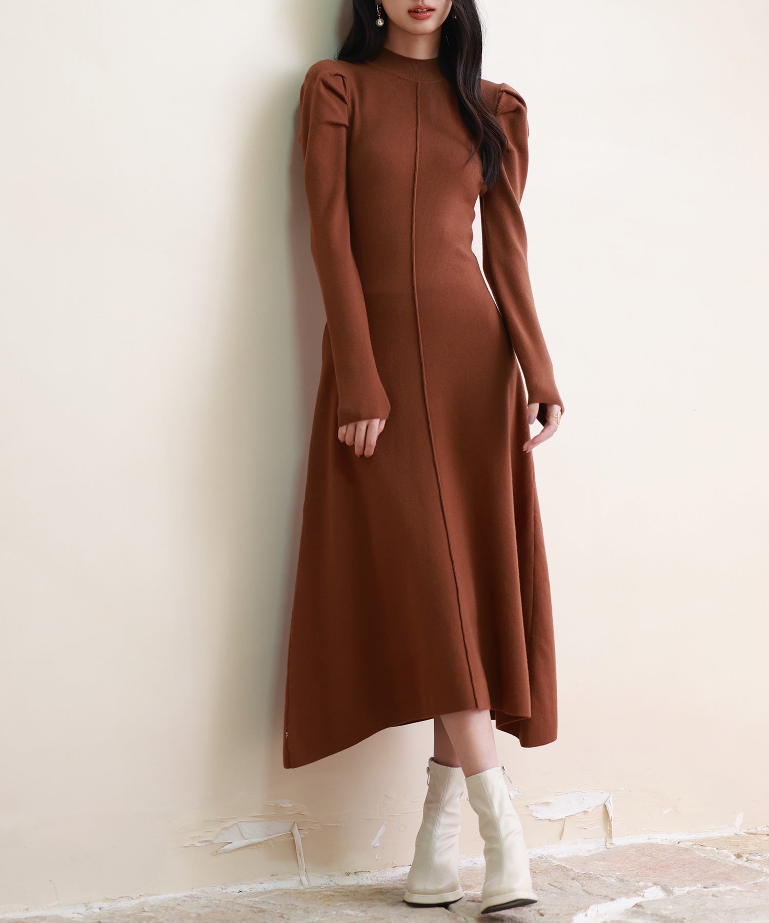 ギャザースリーブプチハイネックニットワンピースsdpxyf6565 ブラウン