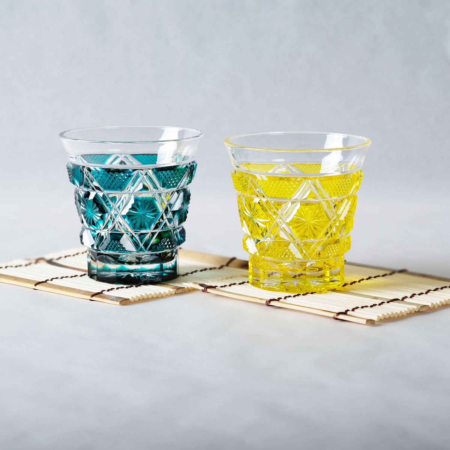 島津薩摩切子】 創作 冷酒グラス cut01緑×黄セット – ㈱島津興業 島津