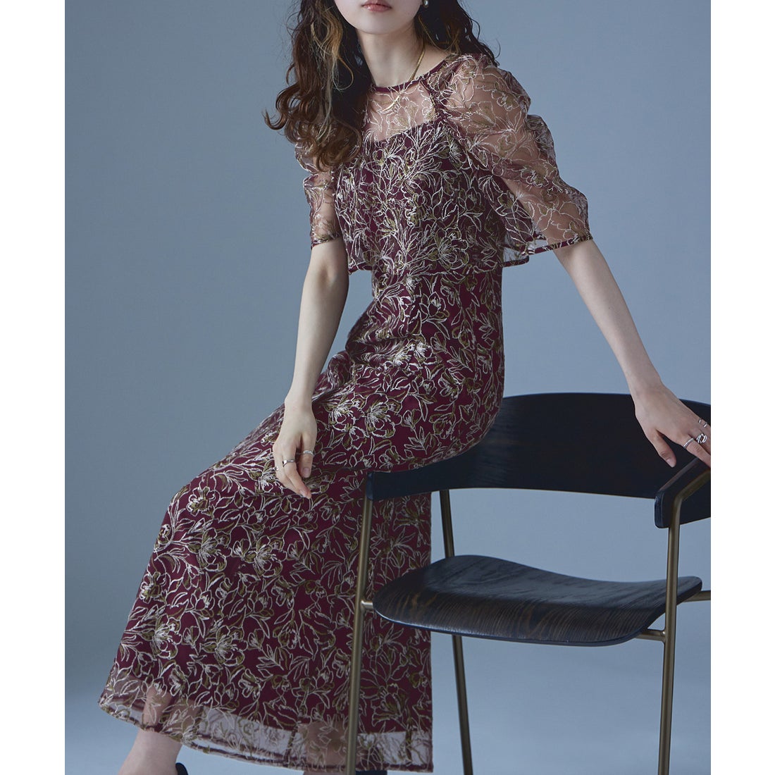 エトル etoll. 刺繍レースレイヤードドレス （ボルドー