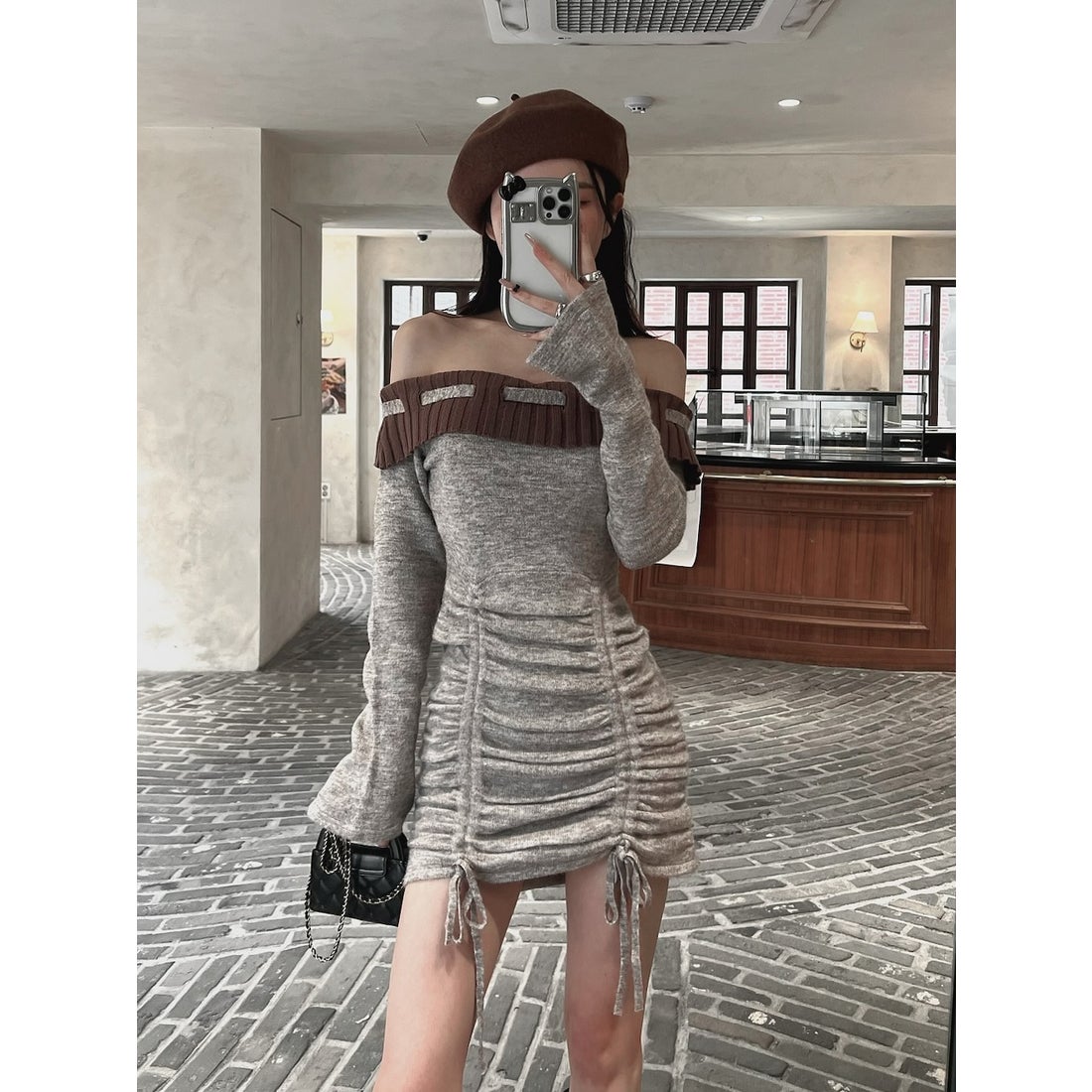 ダーリッチ Darich オフショルステッチニットミニワンピース