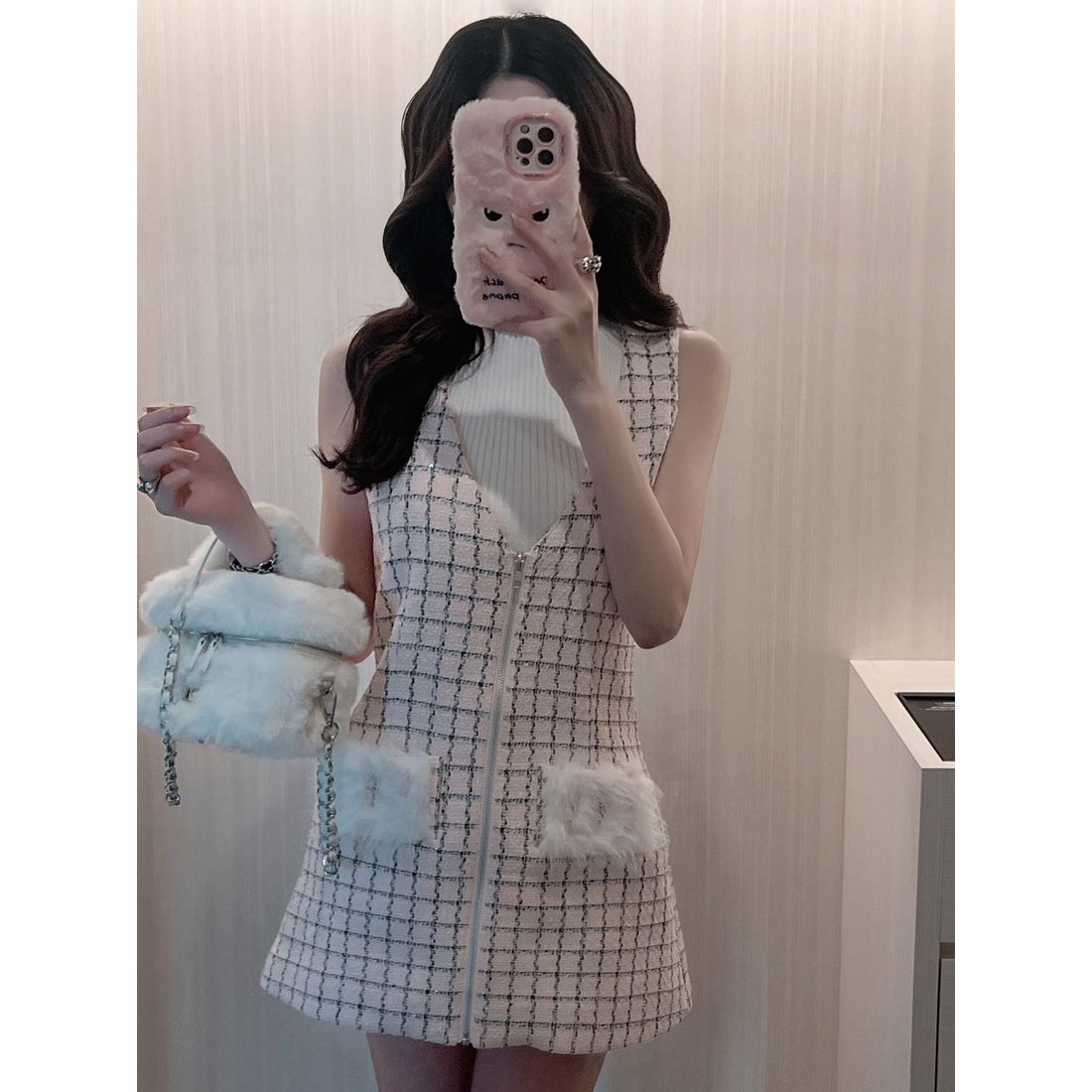 ダーリッチ Darich フロントファスナーツイードミニワンピース