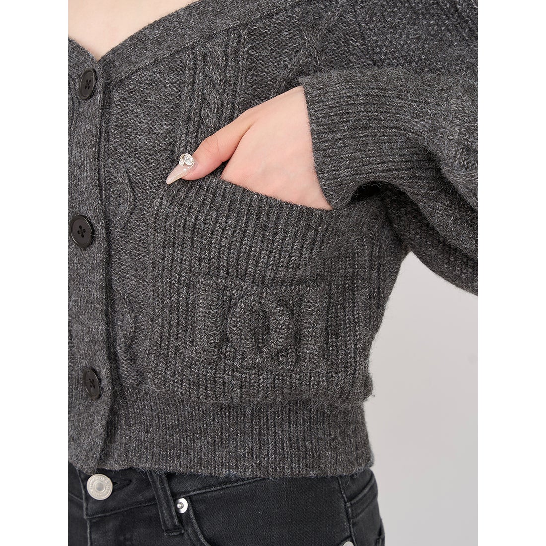 ダーリッチ Darich ショルダーリボンVネックニットトップス （グレー