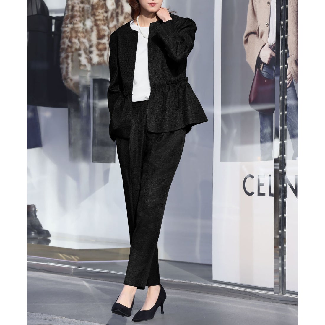 フロリア Flolia ツイードペプラムノーカラージャケット テーパード