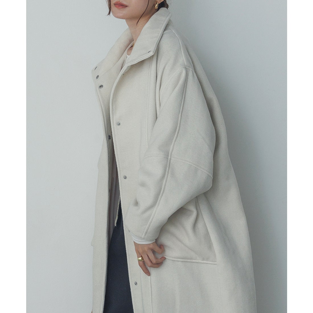 ハンチ hunch 杢ヘリンボーン スタンドカラーコート （アイボリー