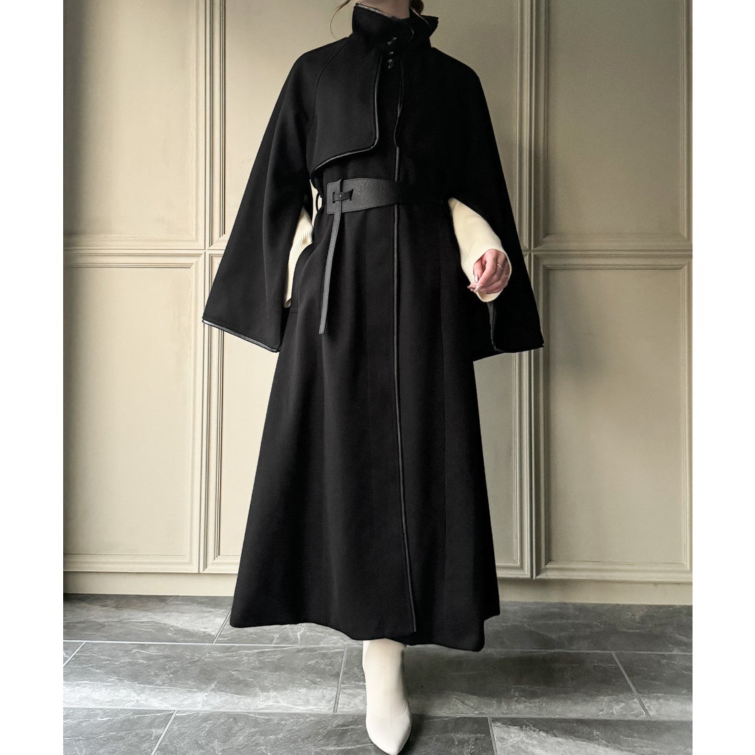 ジュノア JUNOAH PUレザーベルトスタンドカラーコート （ブラック