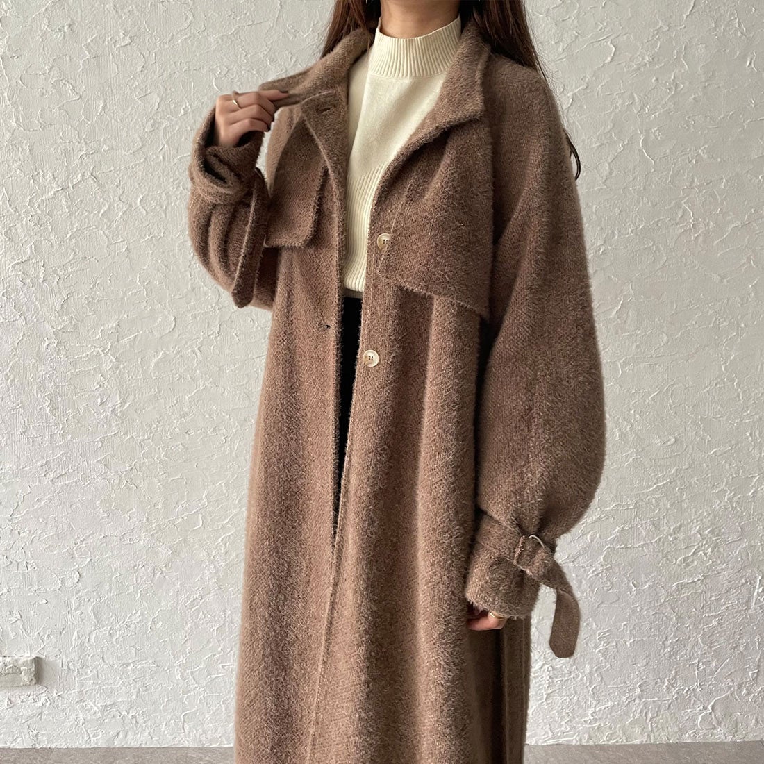 ジュノア JUNOAH シャギーハイネックロングコート （ブラウン