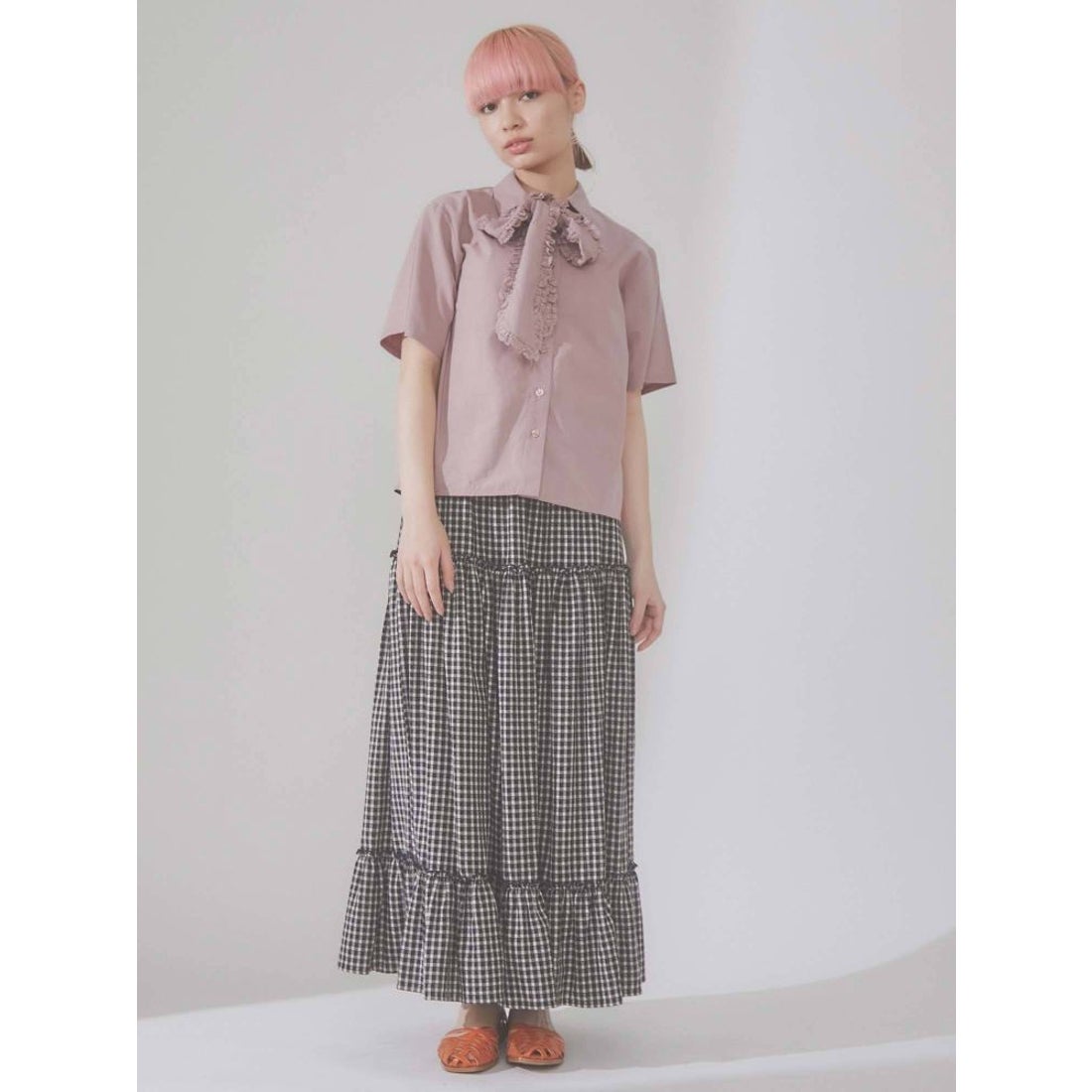 merry jenny チェックティアードフレアスカート（ブラック） -靴