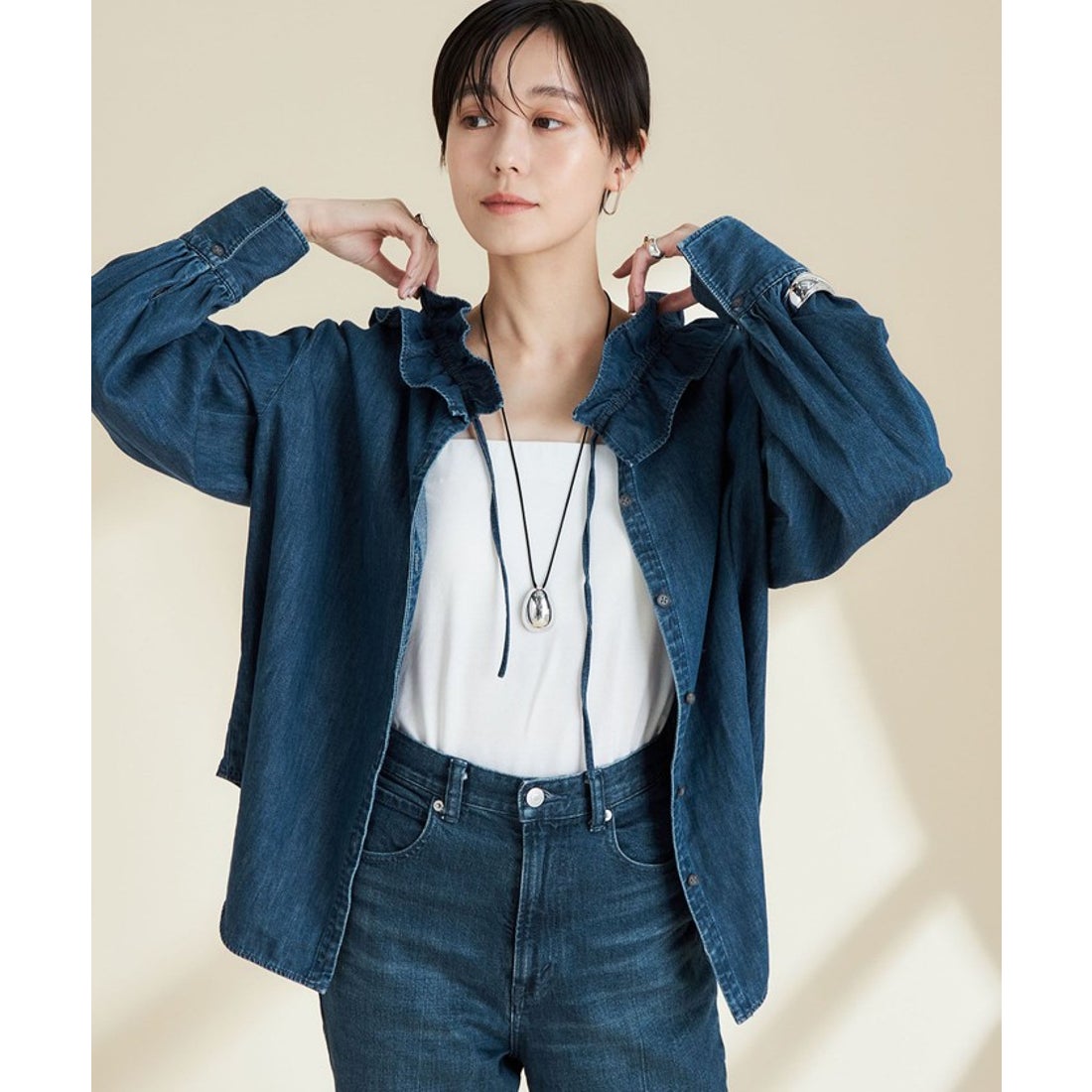 リエミラー Rie Miller 【RM denim】フリルギャザーデニムブラウス