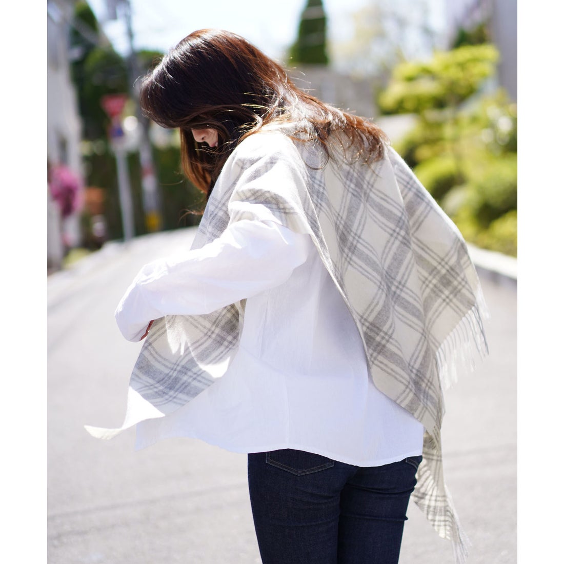 サンキョウショウカイ 三京商会 カシミヤ100%三角ストールフリンジ付き