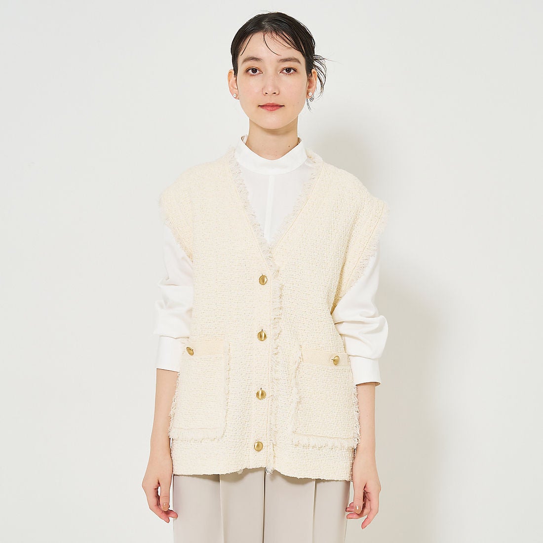 カリテ qualite ツィードニットジレ （オフホワイト） -ファッション