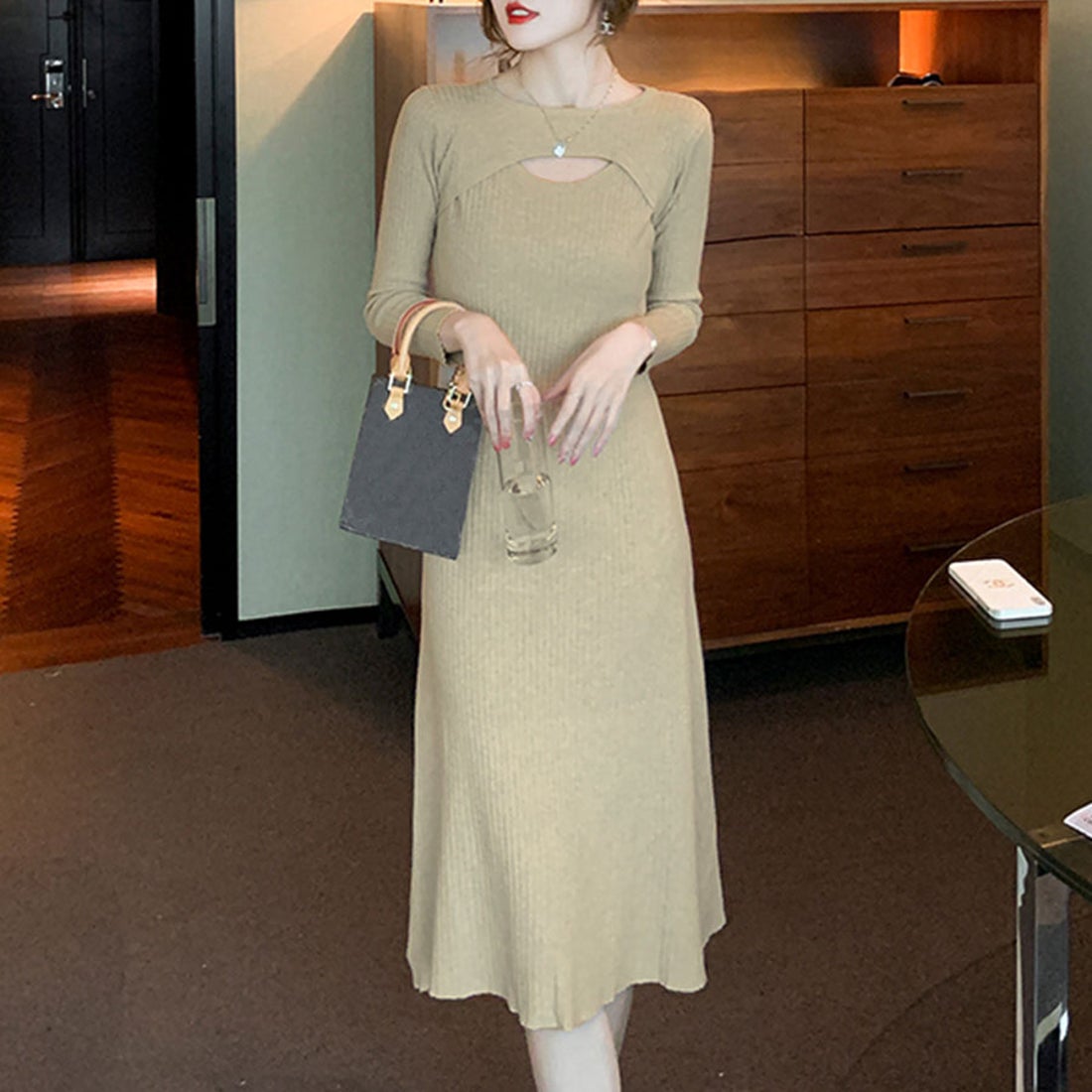 リフ Riff 胸あきリブニットワンピース リブ編み セーター ロング