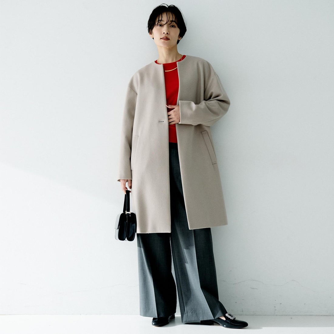 アンタイトル UNTITLED カシミヤ混ノーカラーコート （ライトグレー
