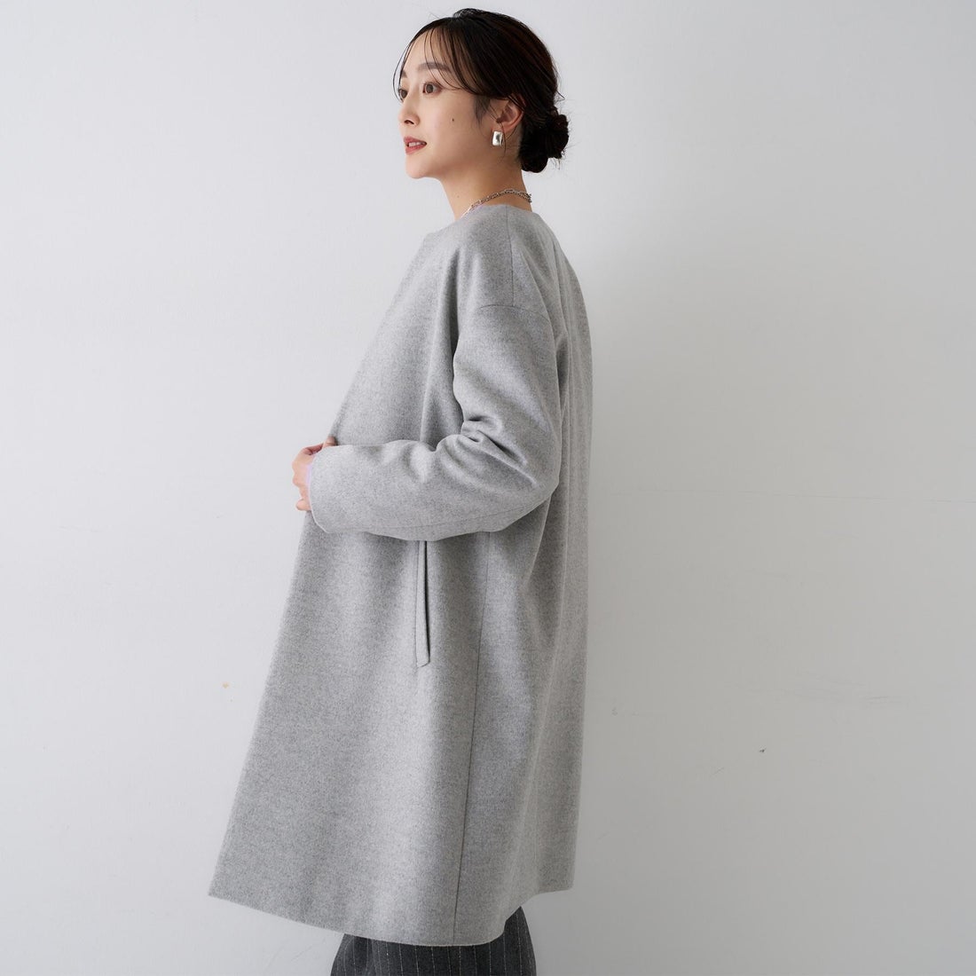 アンタイトル UNTITLED カシミヤ混ノーカラーコート （ライトグレー