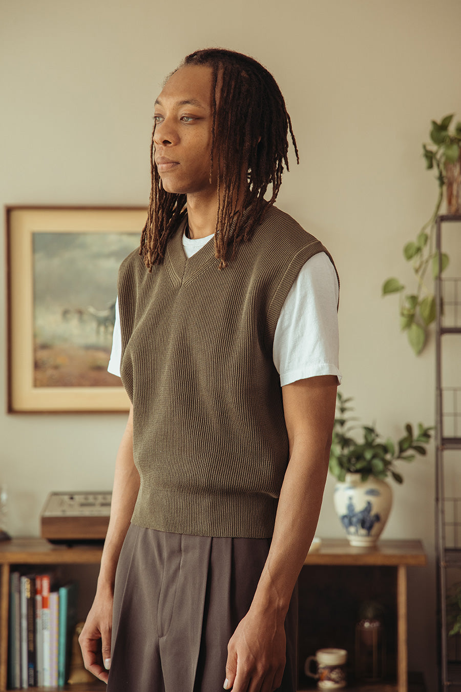 Auralee Flat Yarn Rib Knit Vest | Khaki | Canoe Club