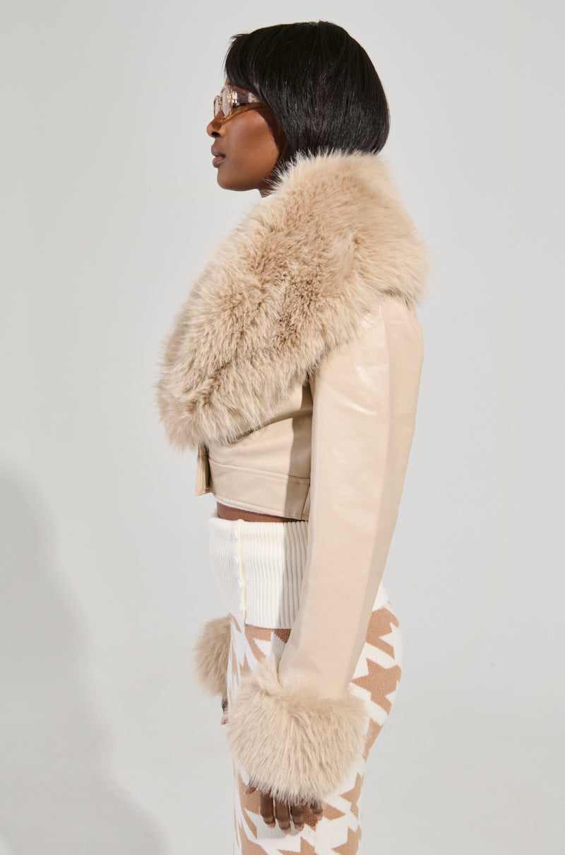 GISELE CROP FAUX FUR MOTO JACKET IN IVORY – AKIRA