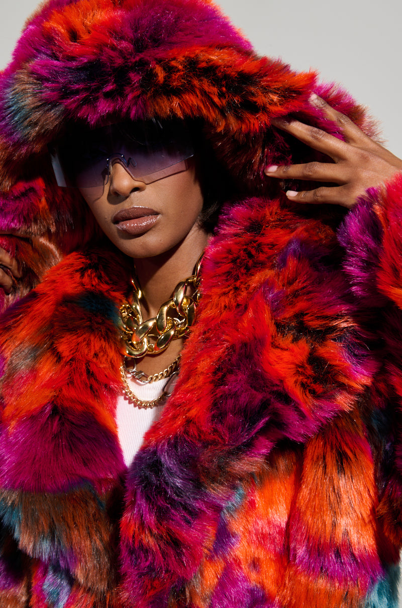 UPSETTER MAXI FAUX FUR COAT IN PINK MULTI – AKIRA