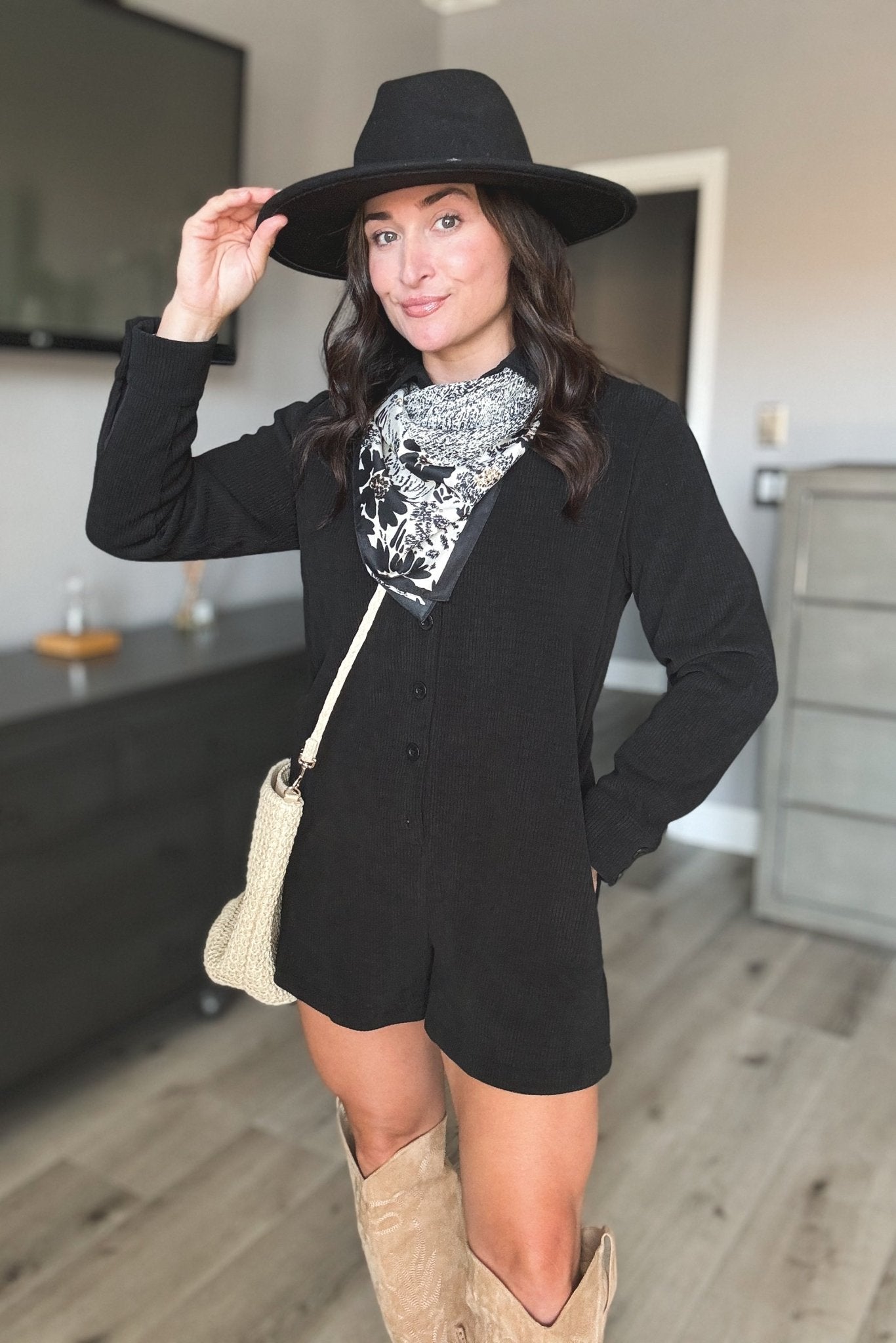 Sadie & Sage Long Sleeve Corduroy Romper - Black - Blooming Daily