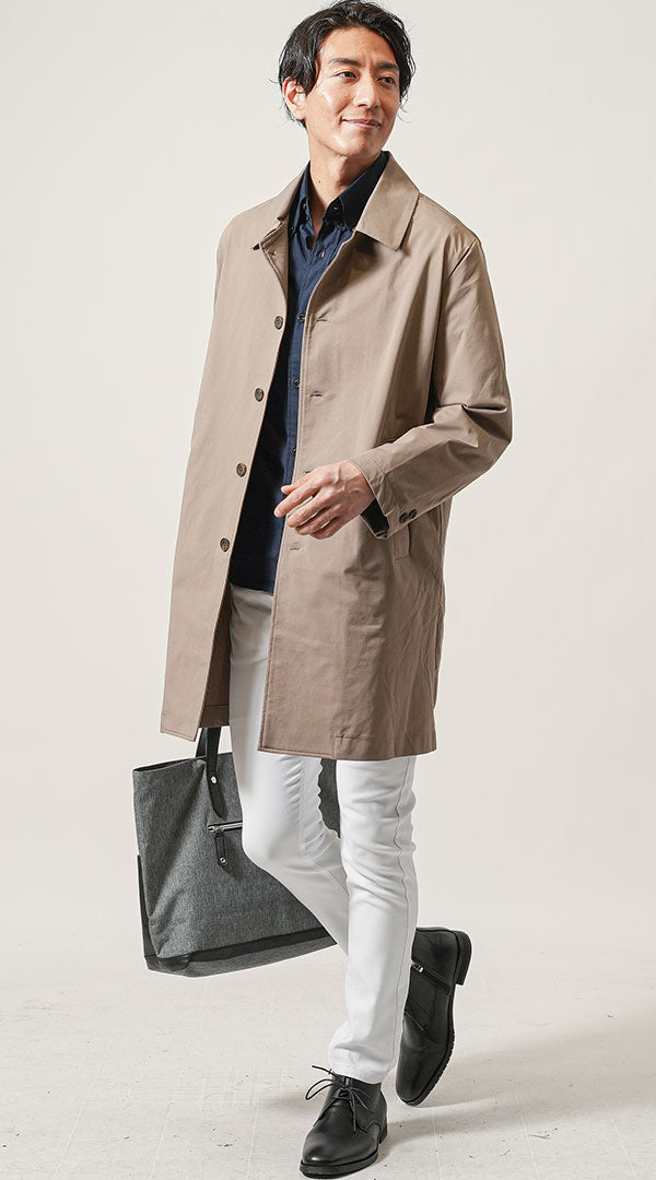 ベージュステンカラーコート ネイビーシャツ 白パンツ snp_ng1149の