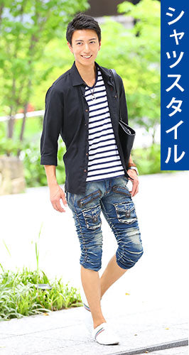 涼しい七分丈クロップドデニムパンツ メンズスリムシャーリング