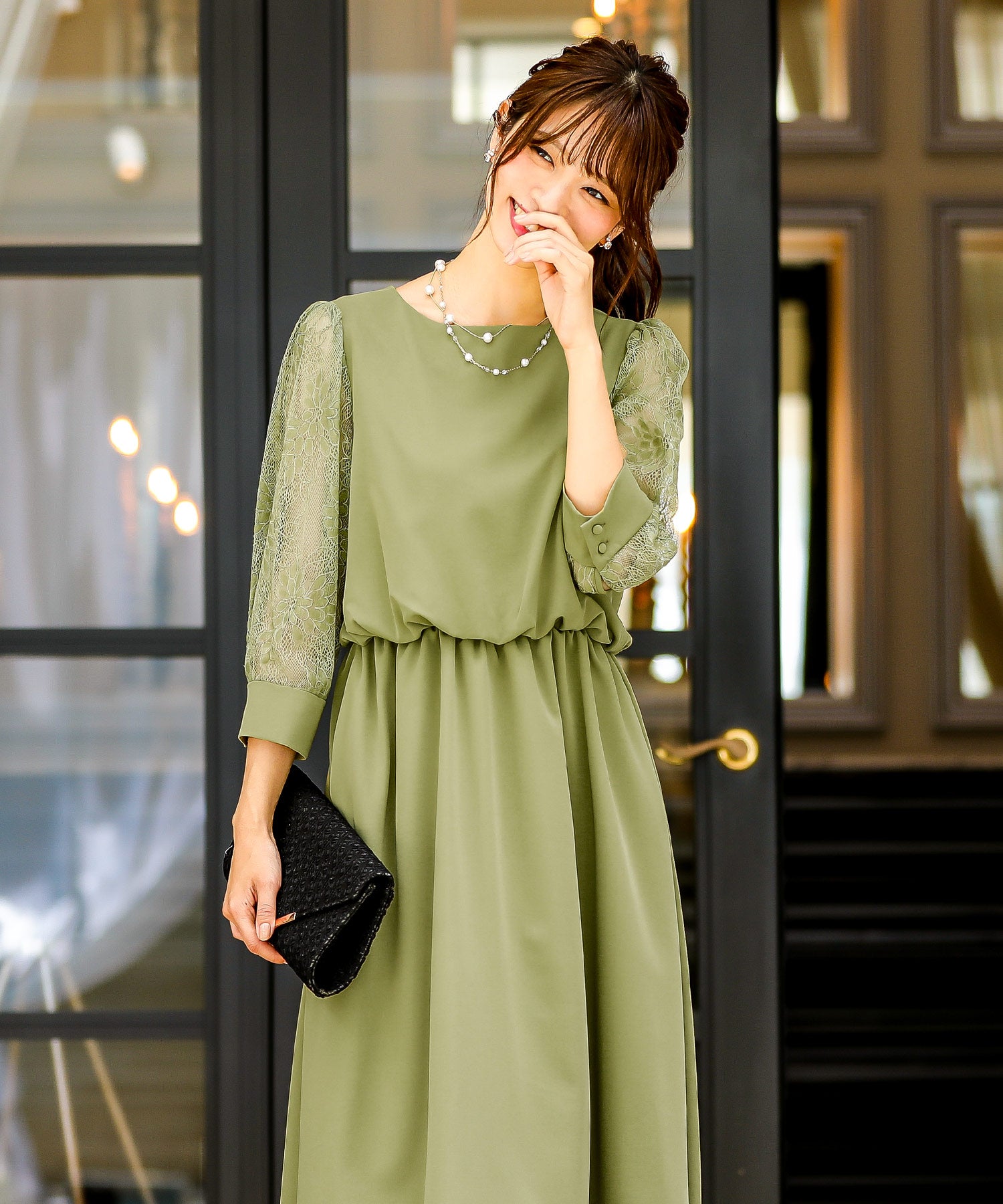 リボンベルト付きレーススリーブ 結婚式ワンピース パーティードレス