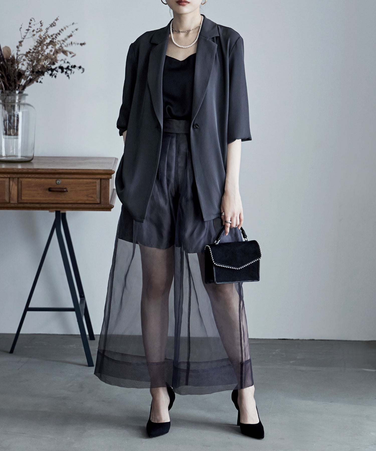 3piecesジャケット＆オーガンジーパンツセットアップドレス｜パンツ