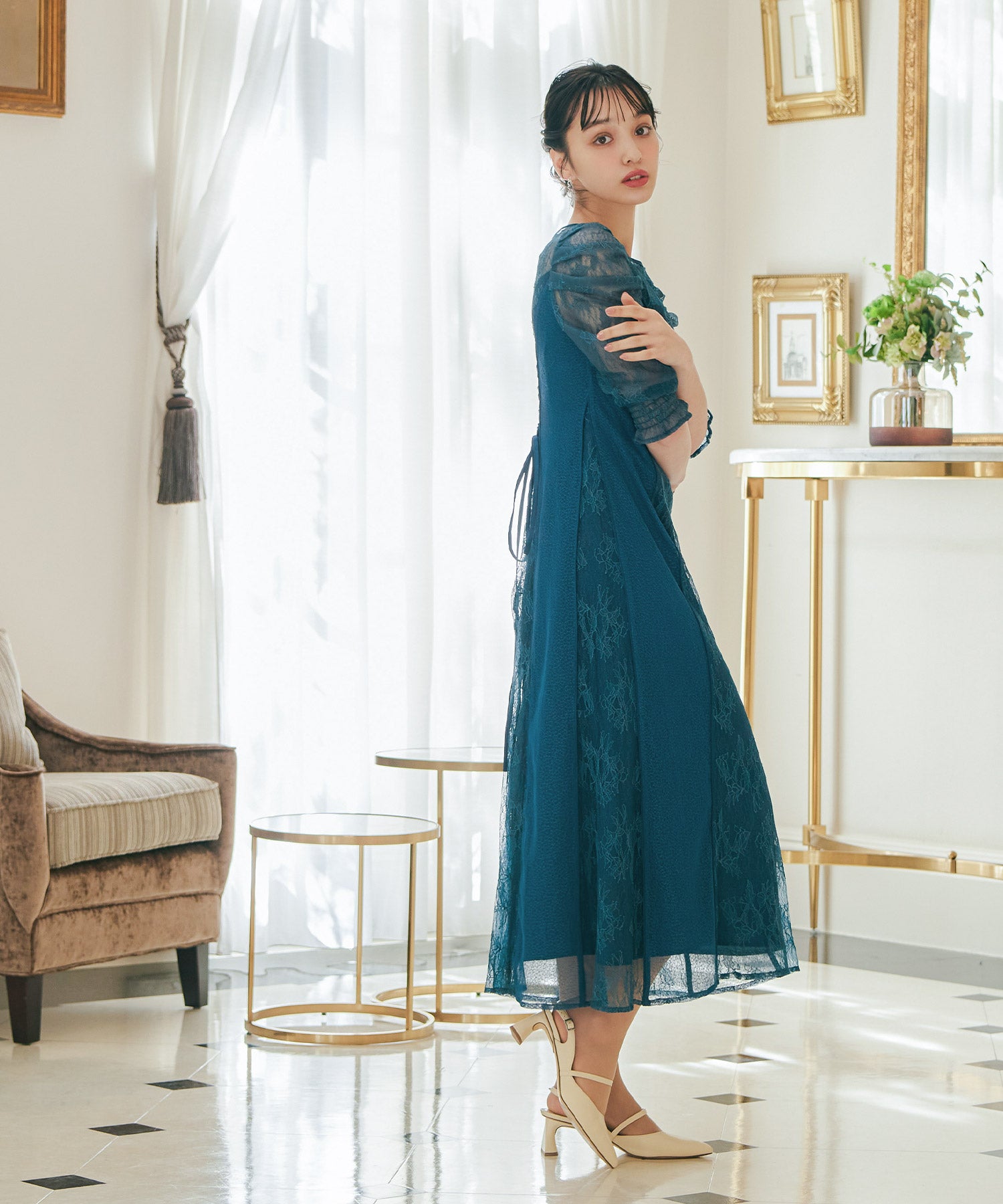 総レースパネル切替バックリボンパーティードレス｜パーティードレス