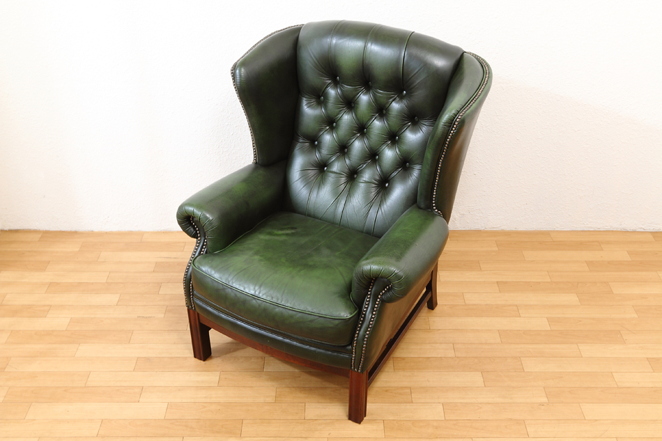 チェスターフィールド アンティークグリーンレザー ウィングバック