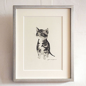 美品 ダイアン・エルソン「キッチン」水彩画 直筆サイン入 額縁入 猫 ねこ