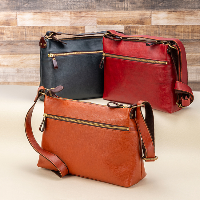 日本製 レディス軽量牛革ショルダーバッグ：キャメル