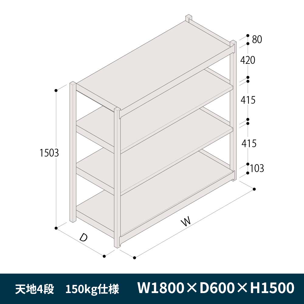 軽中量ボルトレス棚 RL開放型 150kg仕様 ERL-156641-W7 W1800×D600