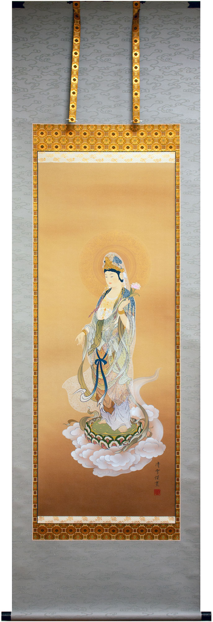 美品 掛け軸 国井柳甫作 金地 鷹に梅図 共箱 太巻き付 縁起物 厄除け