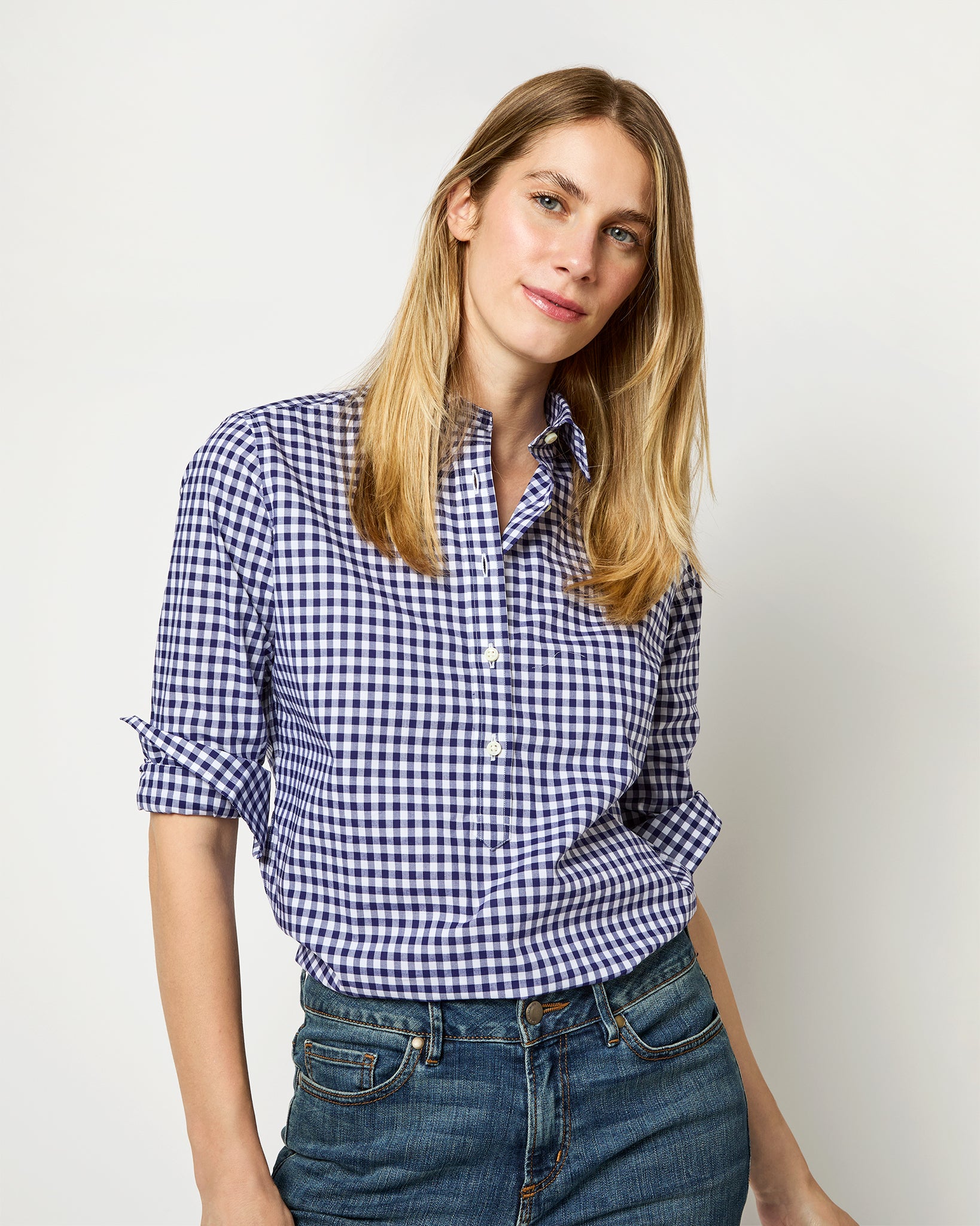 Tomboy Popover Shirt in Navy Gingham Poplin | Shop Ann Mashburn