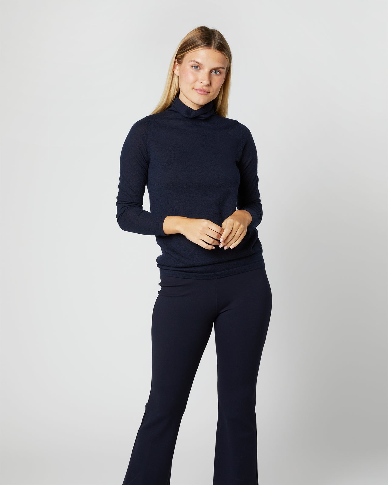 Superfine Funnel-Neck Sweater in Navy Cashmere | Shop Ann Mashburn