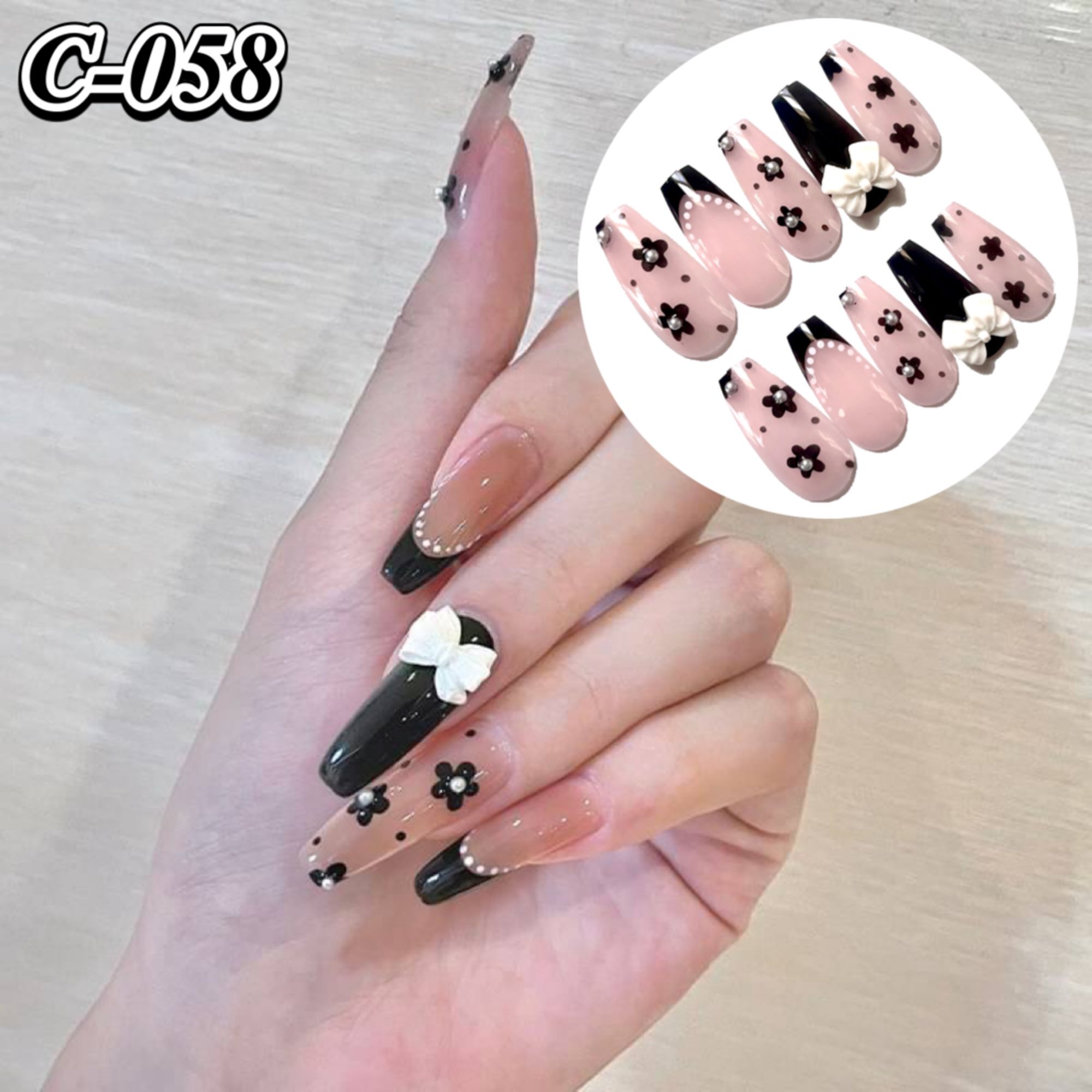 ネイルチップ ジェルネイル ネイル ブラックフレンチ デイジー 3D 日常