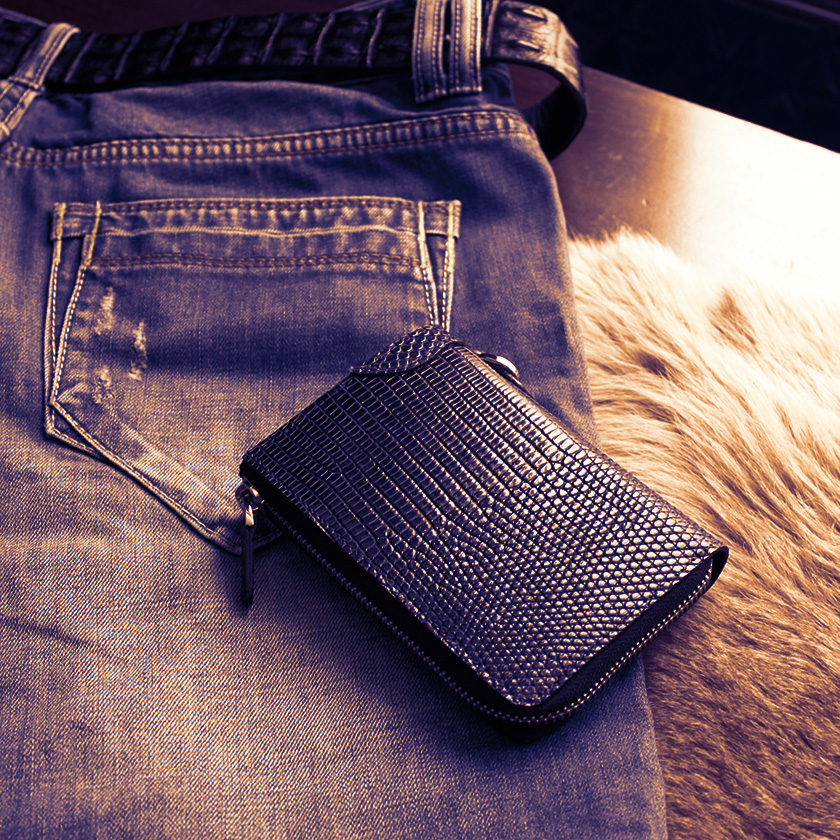 l字ファスナー財布 二つ折り財布 トカゲ革 リザードハーフ /ネイビー