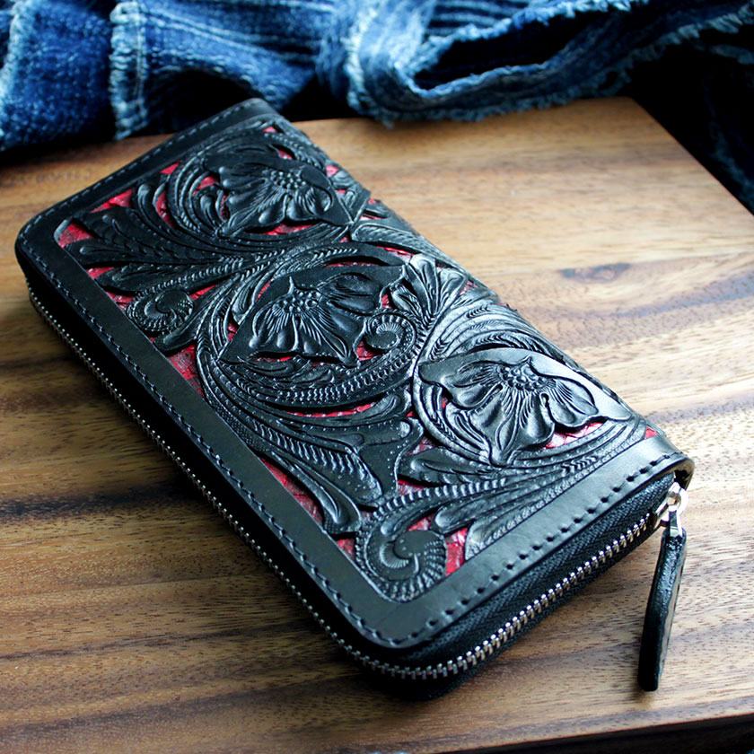 カービングウォレット 透かし彫り長財布 ラウンドファスナーロング