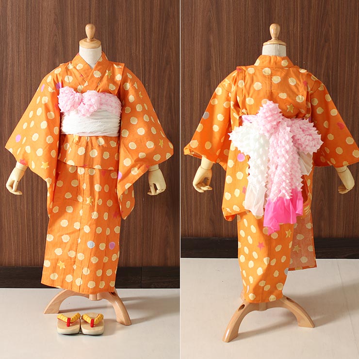 100cm対応] こども 浴衣 染 ドット オレンジ (4TY-12) 橙 水玉 星