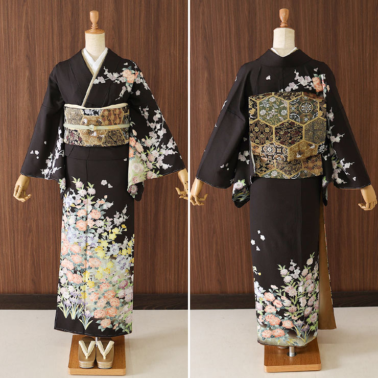 洗える着物 東レ 袷 訪問着 四季草花文様 茶色 茶 日本製 仕立上り