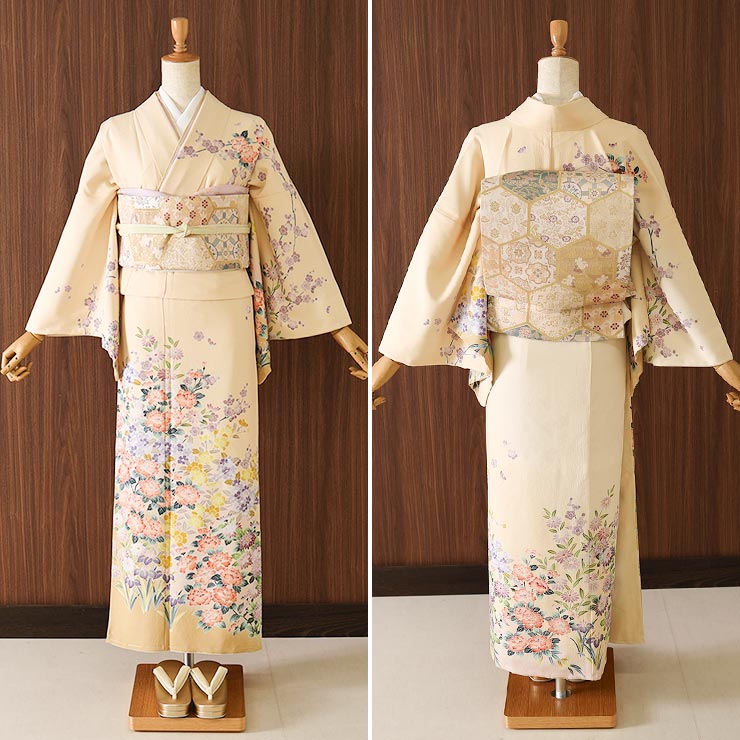洗える着物] 東レ 袷 訪問着 四季草花文様 (淡 黄色) 日本製 イエロー