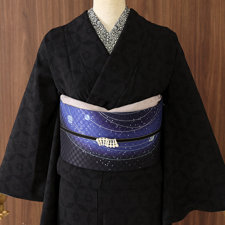 洗える 着物] 小紋 着物 袷 松葉雪 黒 ランプブラック JMA-42 無地感