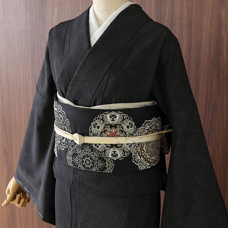 洗える 着物] 小紋 着物 袷 葉模様 黒 ブラック JMA-37 無地感 色無地