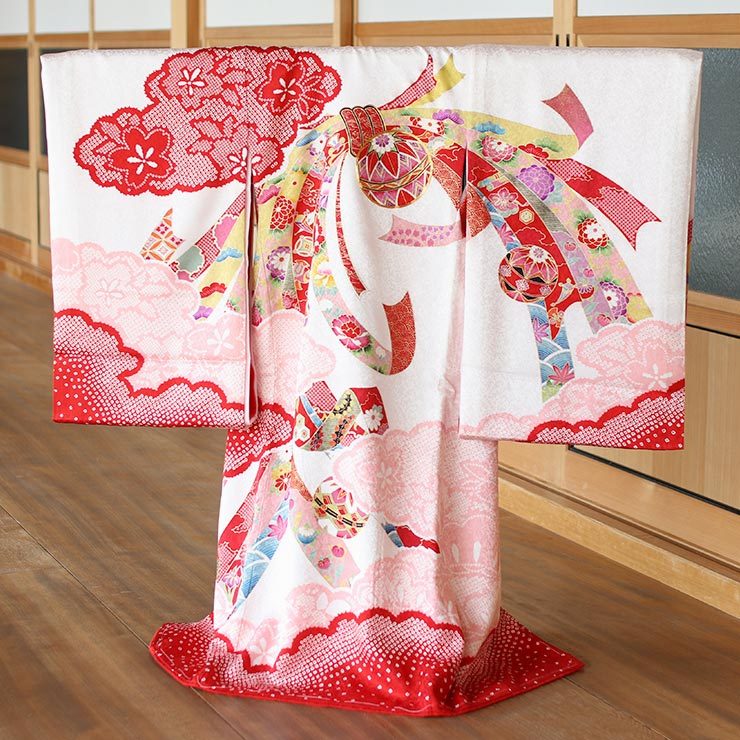 お宮参り 着物 赤ちゃん 女の子 初着 産着 束ね熨斗に鞠 白×赤 正絹