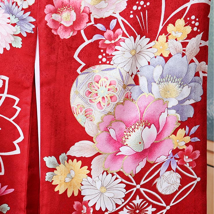 正絹] お宮参り 女の子 初着 産着 牡丹に花寄せ七宝 赤色 レッド 花柄