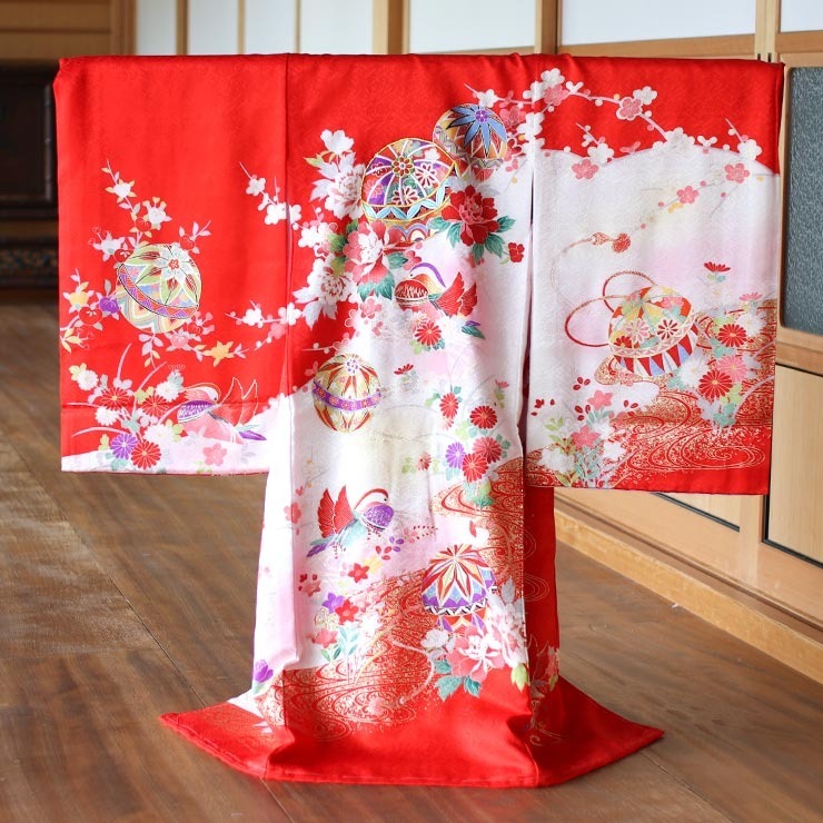 初着 お宮参り 正絹 女の子 産着 鞠に鴛鴦 おしどり 赤 一つ身 金刺繍