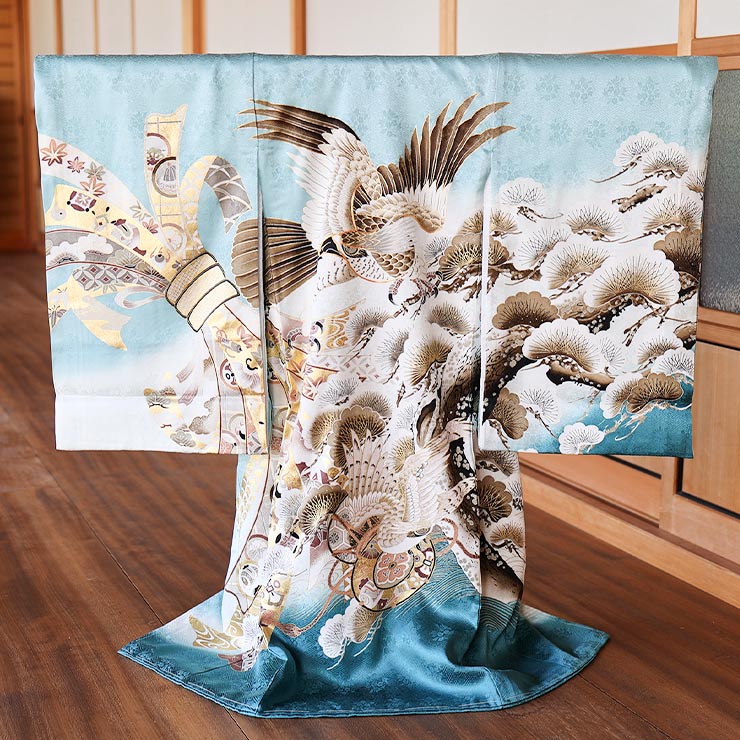 正絹 ] お宮参り 男の子 初着 産着 鷹に松と束ね熨斗 水色 青色 ブルー