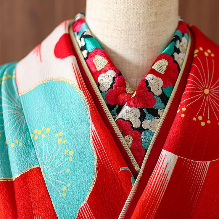 成人式 振袖 7点 幾何学縞に梅 赤 振袖セット 着物セット 青海波 帯