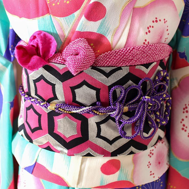 成人式 振袖 7点 幾何学縞に梅 翡翠色 振袖セット 着物セット 帯