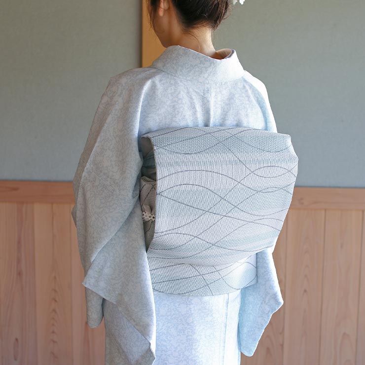 単衣用 洗える 京袋名古屋帯 縞に流線 (青磁×墨色) 日本製 一重太鼓