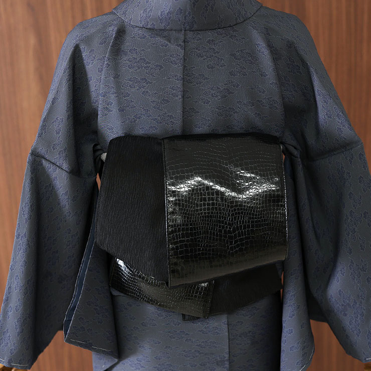 日本製] 洗える レザー調 リバーシブル 半幅帯 (黒色 クロコ) ブラック